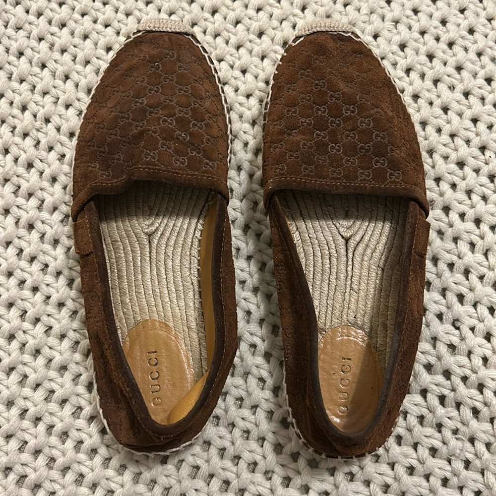 Gucci Suede Guccissima GG Espadrille Flats 37  Nut Brown Authentic